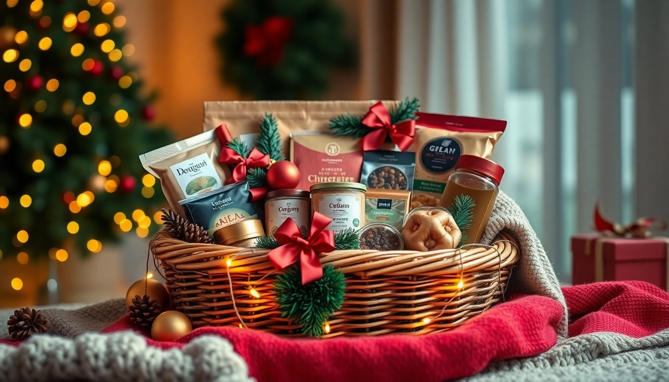 Geniet van een luxueus Kerstpakket gevuld met delicatessen en feestelijke accessoires.