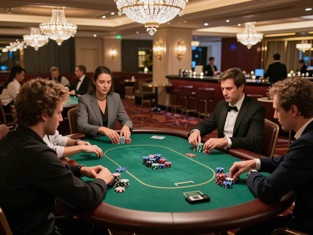 Players strategizing at an upscale poker table in a luxury casino with go88vn gaming experience.