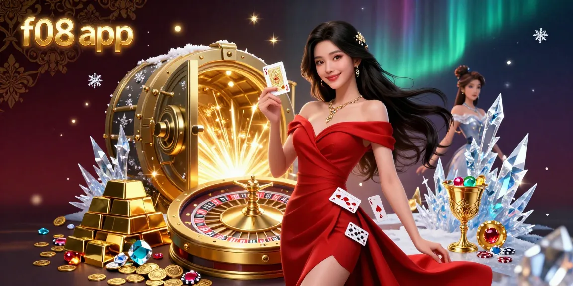 Rasakan kegembiraan aplikasi f08 dengan pemandangan kasino yang menawan yang menampilkan karakter glamor dan harta karun emas.