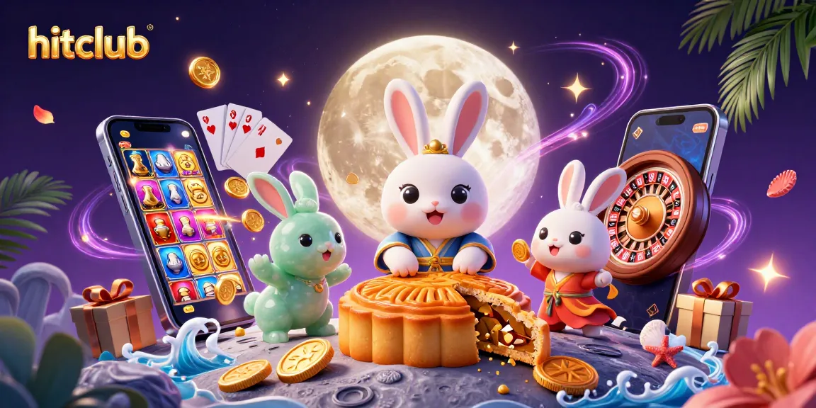 Join the hitclub as a moon rabbit reveals poker chips inside mooncakes amidst vibrant casino elements.