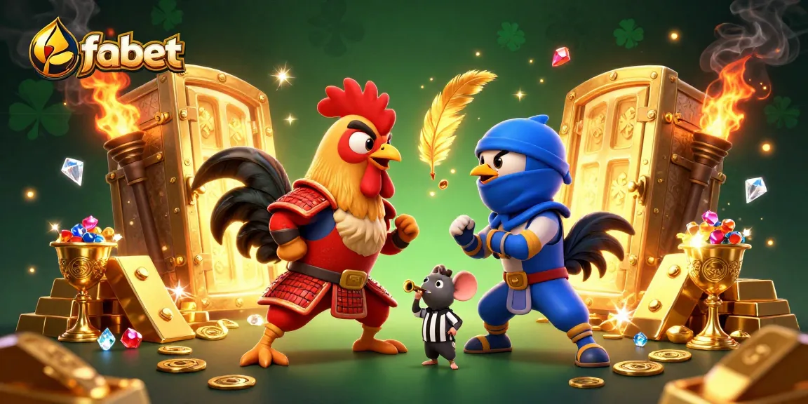 Engage with fabet's exciting rooster showdown amidst treasures in this vibrant cartoon illustration.