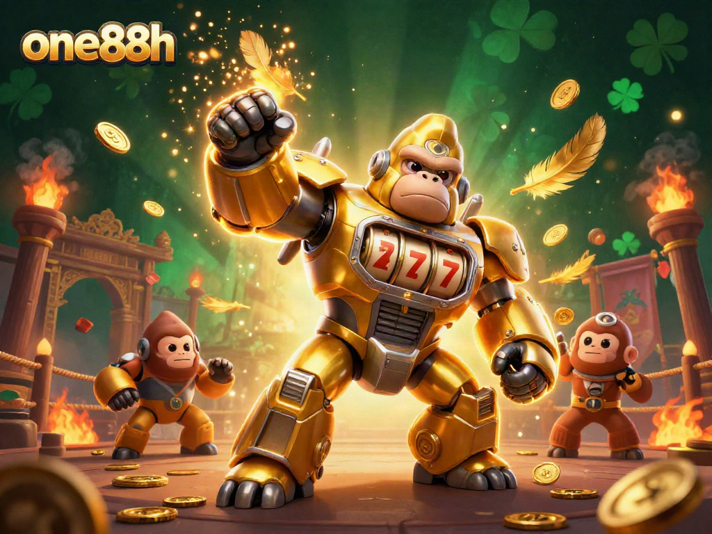 Experience thrilling gameplay at one88h with a vibrant 3D mech surrounded by casino elements.