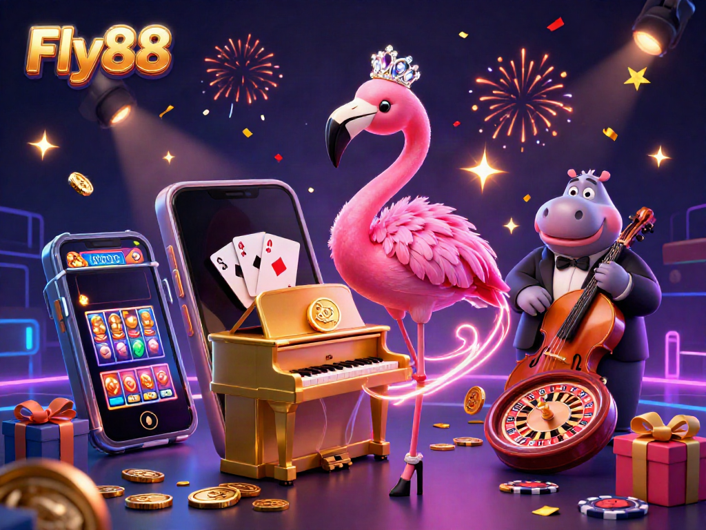 Fly88 casino scene showcasing a lounge singer flamingo, hippo bassist, and vibrant casino elements