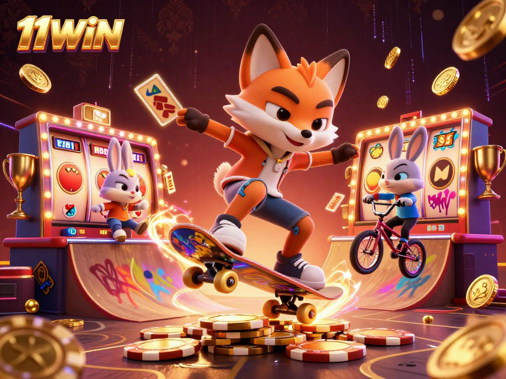 Experience 11WIN excitement with a vibrant casino-themed illustration showcasing thrilling gaming elements.