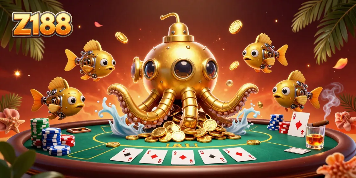 Engage in exciting gameplay at Z188 with a spirited golden kraken submarine and poker action amidst shining coins.