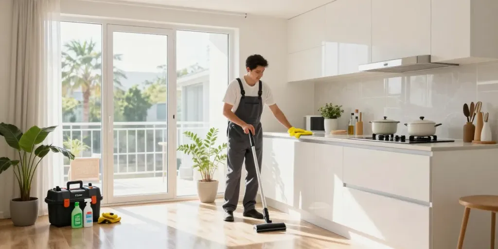 Oplevering schoonmaak Amsterdam, professionele schoonmaker in een schone woning met eco-vriendelijke producten.