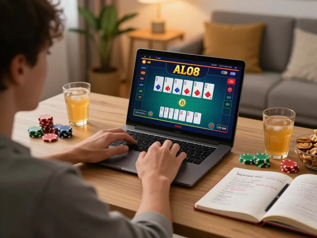 Player engaging with ALO8 casino gameplay on laptop, showcasing live poker action in a cozy home setting.