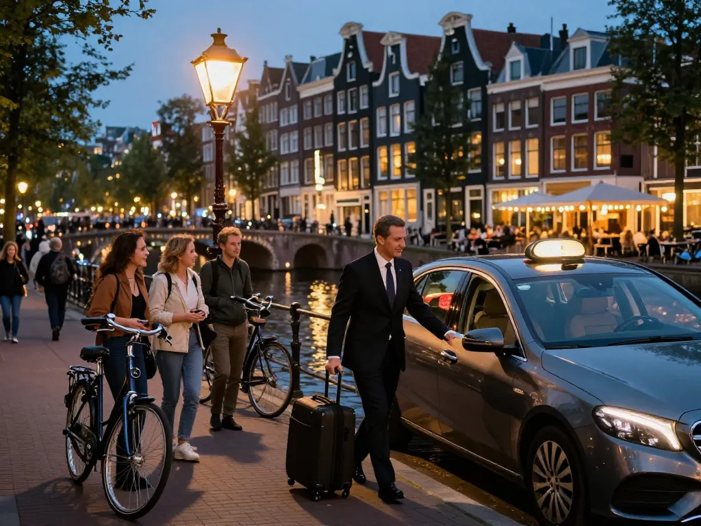 Taxi Amsterdam ervaring met een luxueuze Mercedes chauffeur die passagiers assisteert in de levendige stadsomgeving.