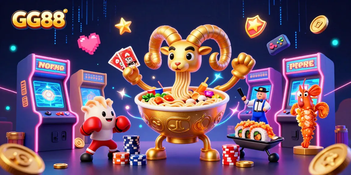 GG88 engages players with a vibrant scene featuring unique casino-themed characters and elements.