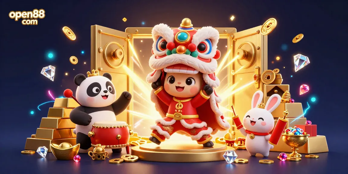 Join the celebration at open88 com's vibrant casino with energetic lion dancers and treasures!