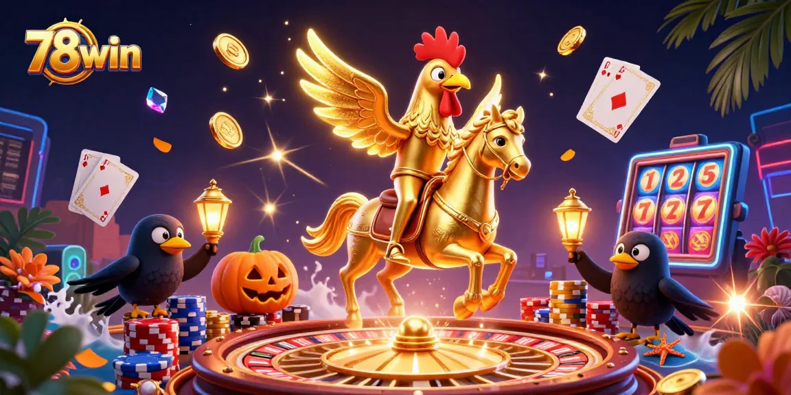 Experience 78win's magical casino world with a golden rooster and dynamic gaming elements.