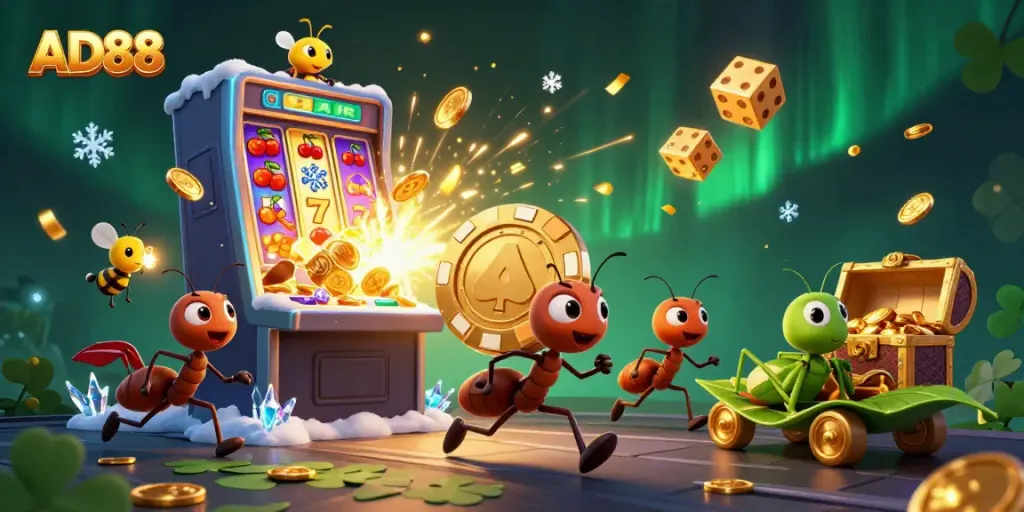 Experience thrilling gameplay at AD88 with a heist scene featuring playful ants and slot machine jackpots.