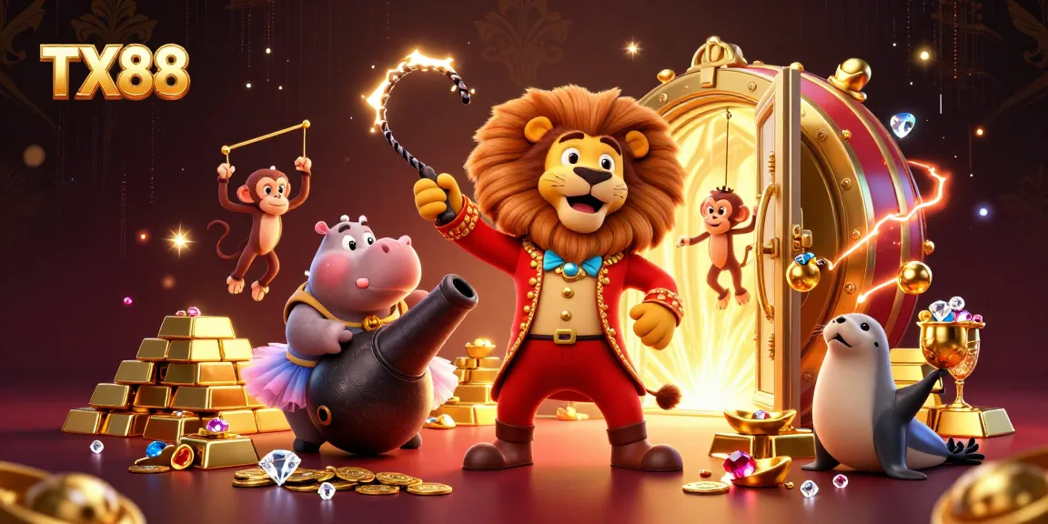 Win big at TX88 with an exciting 3D carnival-themed casino illustration featuring vibrant characters and dazzling treasures.