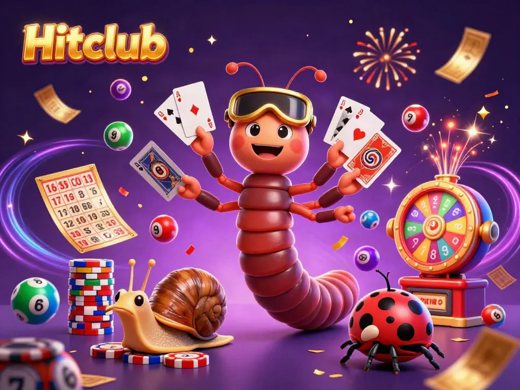 Experience the thrill with Hitclub as a millipede dealer showcases cards while a snail high-roller pushes chips.