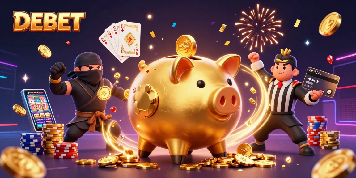 Experience thrilling DEBET gaming with a dynamic piggy bank sumo wrestler in an action-packed scene.