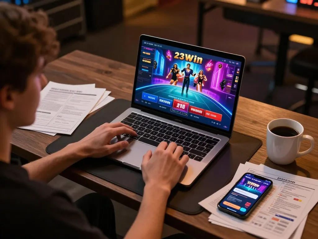 Engaging in live dealer games on 23Win laptop with strategic betting notes nearby.