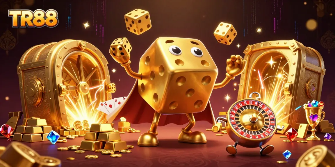 Engage with TR88's thrilling golden casino scene featuring dice and treasure elements.
