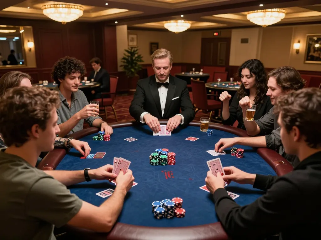 Players enjoy gripping poker gameplay at the RR88 casino under elegant ambient lighting.