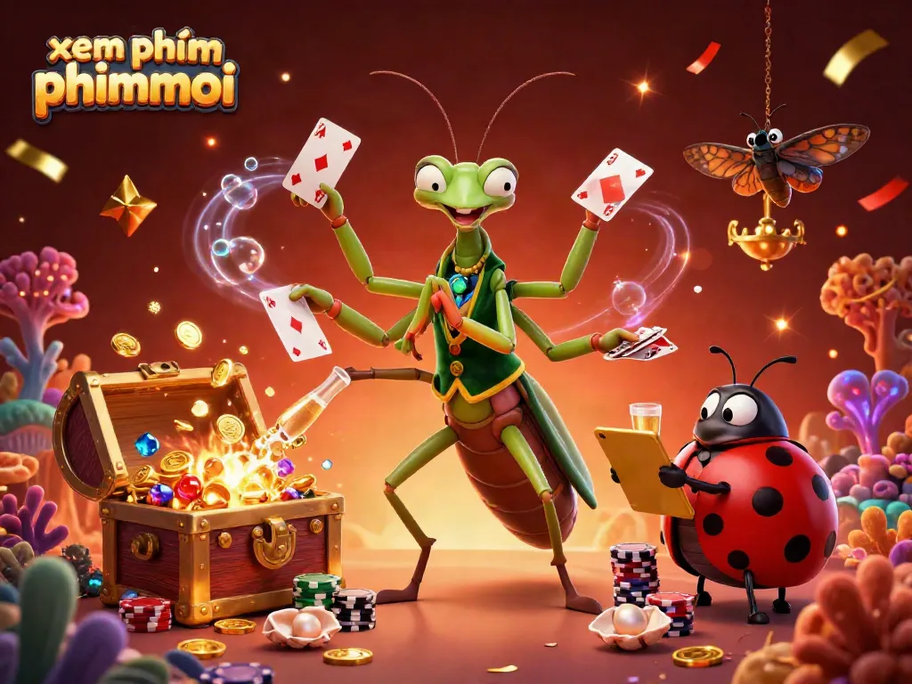 Xem phim phimmoi features a vibrant casino scene with a giant mantis and ladybug in action.