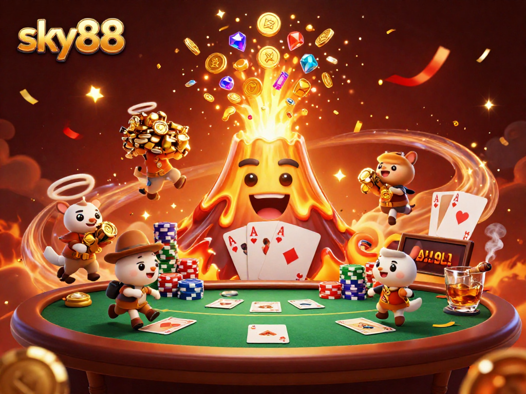 Experience thrilling wins at sky88 with a vibrant volcano erupting treasures amid poker excitement.