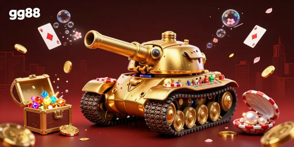 Engaging scene of the gg88 casino illustrated with a golden beetle tank showcasing vibrant gaming elements.