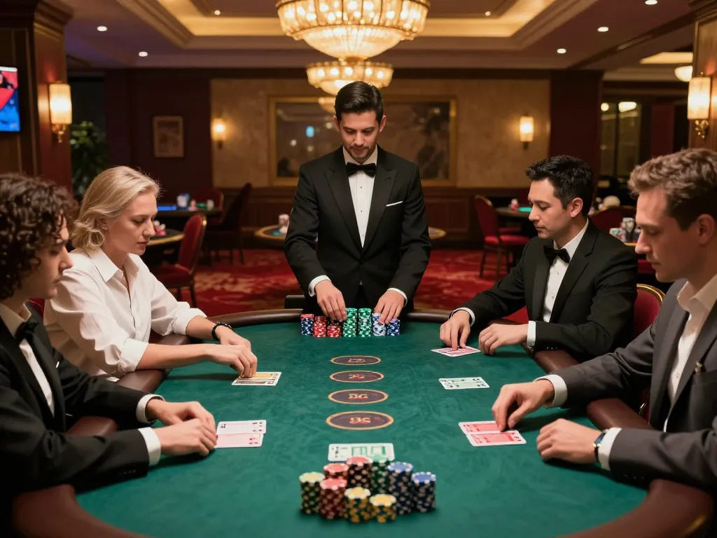 Players engaging in an intense game of blackjack at an upscale casino with strategic moves for S6666 winnings