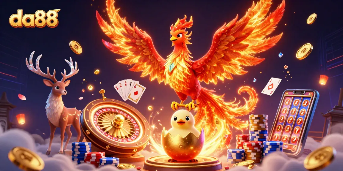 Experience the magic of da88 with fiery phoenix and dynamic gaming elements in this vibrant 3D illustration.