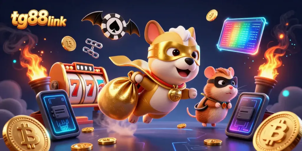 Join the adventure with tg88 link as the heroic dog flies with gold coins amidst vibrant gaming elements.