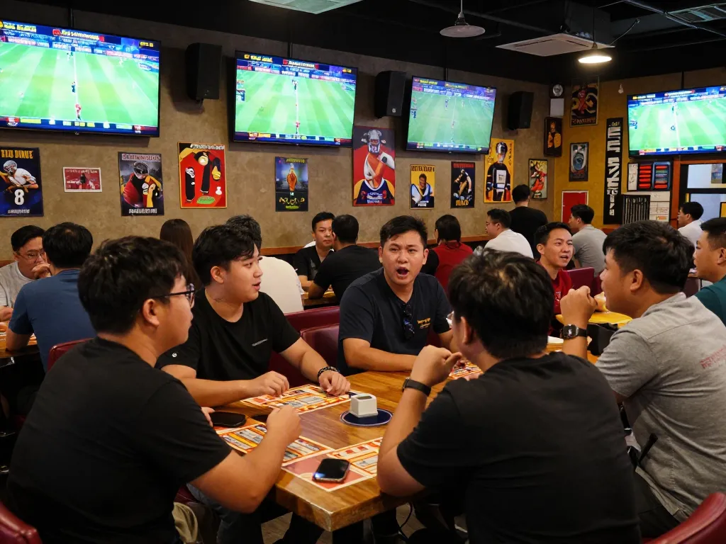 Engaged sports bettors analyzing ty le keo nha cai during intense game at a lively bar
