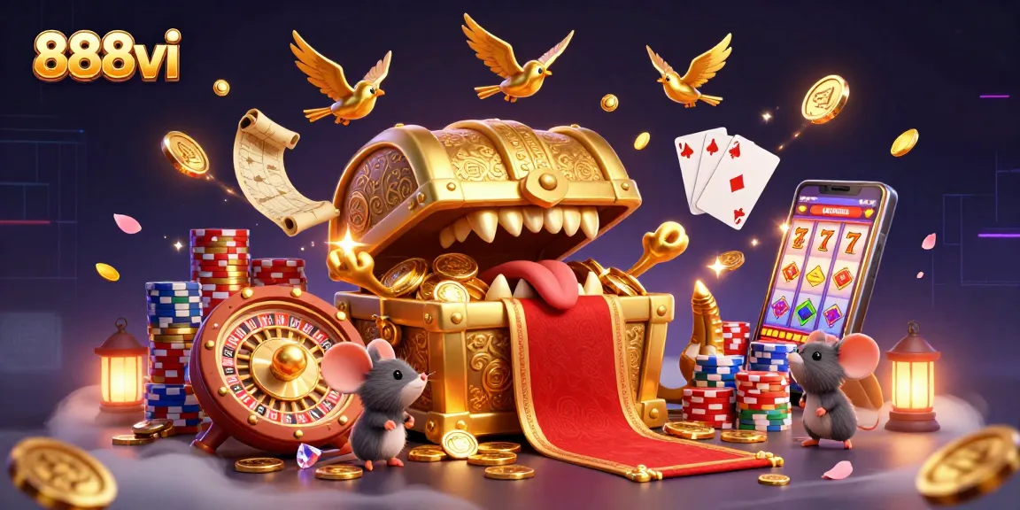 Experience thrilling wins at 888vi with a treasure chest filled with golden coins and vibrant casino elements.