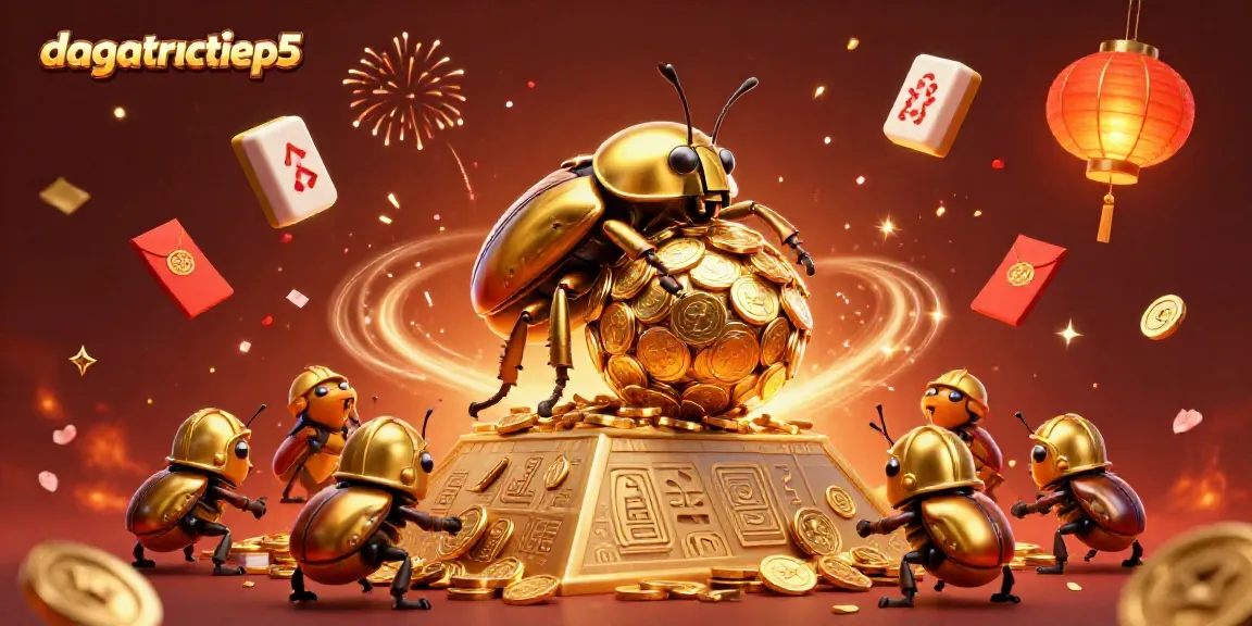 Experience the excitement of dagatructiep5 with engaging golden beetles and casino elements in a vibrant 3D illustration.