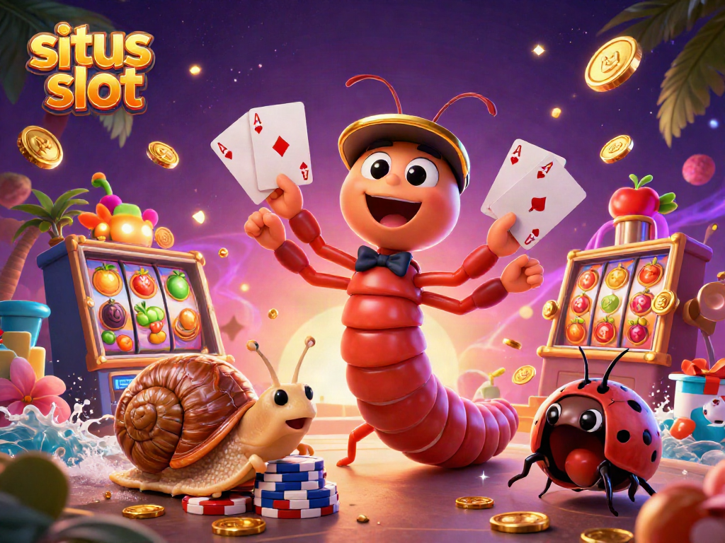 Experience situs slot excitement with a cartoon millipede dealer and a vibrant casino background.
