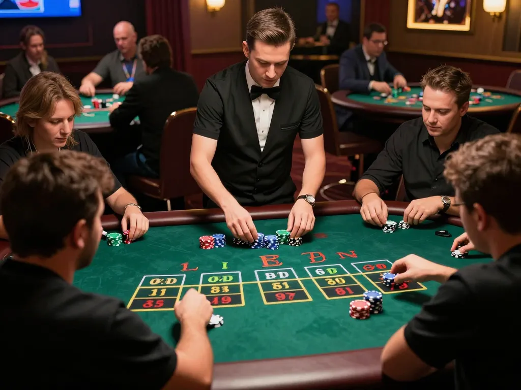 Players engaged in a live dealer game at vnloto88, focused on their bets amidst a vibrant casino atmosphere.