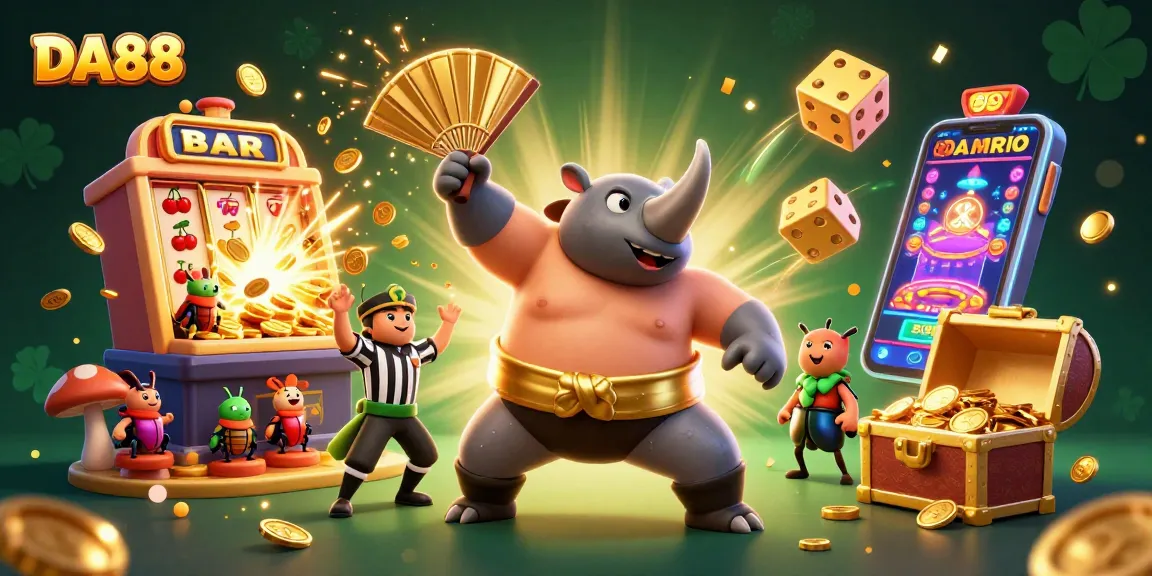 DA88 slot games animated scene with rhinoceros beetle champion stomping coins and jackpot symbols.