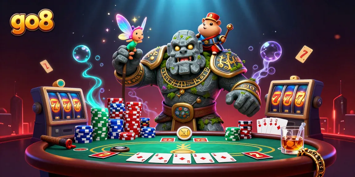Experience magical gameplay at go8 with a vibrant casino scene featuring a charming golem and knight.