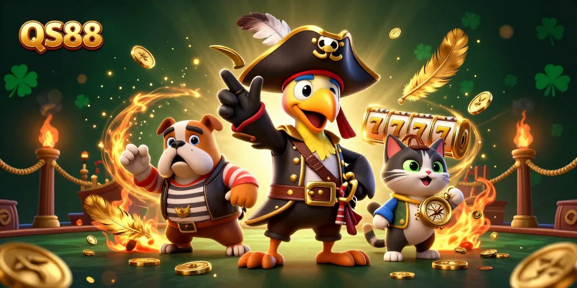 Engage with QS88's thrilling slot gaming scene featuring a pirate captain, bulldog, and cat surrounded by gold coins and excitement.