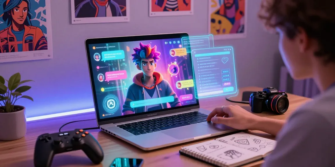 A user engaging with an NSFW character AI in a cozy, modern virtual setup featuring dynamic chat interfaces and vibrant character designs.