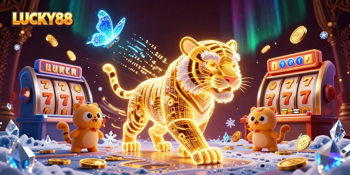 Engage with the thrilling LUCKY88 slot experience amidst vivid digital casino elements.
