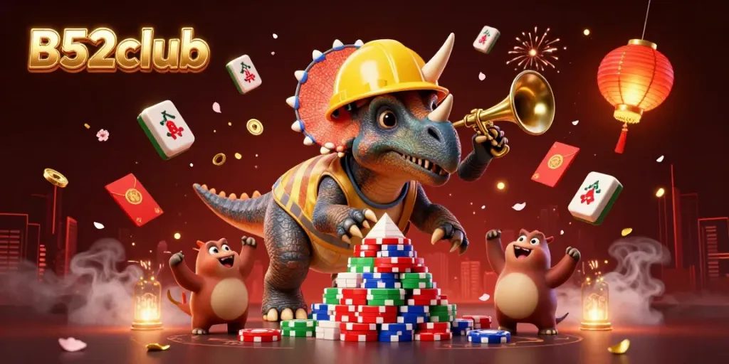 B52club celebrates with a vibrant party scene featuring a triceratops building poker chips and cheers from tiny dinosaur friends.