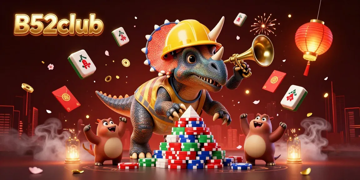 B52club celebrates with a vibrant party scene featuring a triceratops building poker chips and cheers from tiny dinosaur friends.