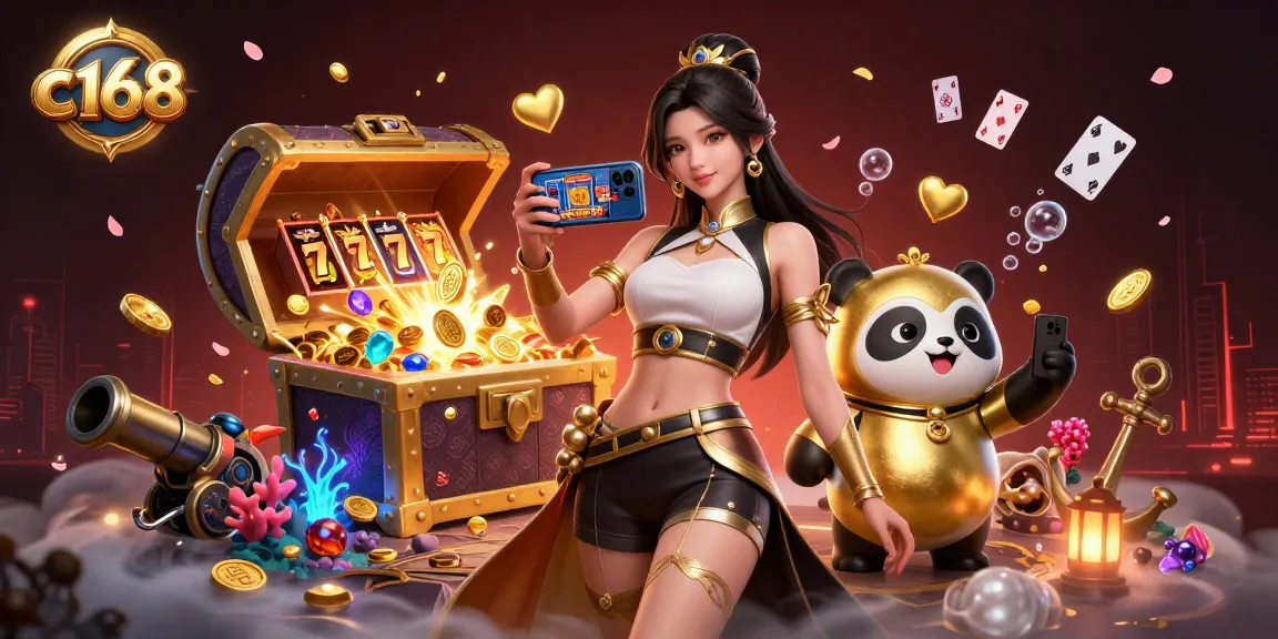 Experience vibrant gameplay with c168 in this colorful 3D casino illustration.