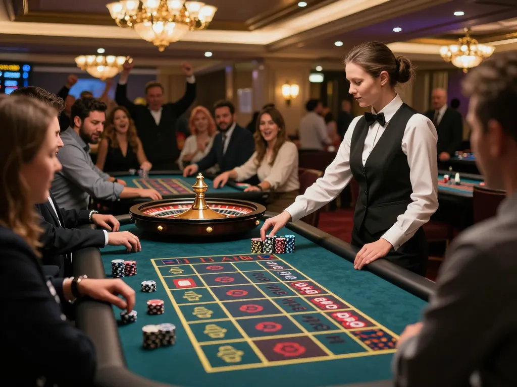 Join the excitement at an alo8 roulette table with players eagerly watching the spinning wheel as chips await their fate.