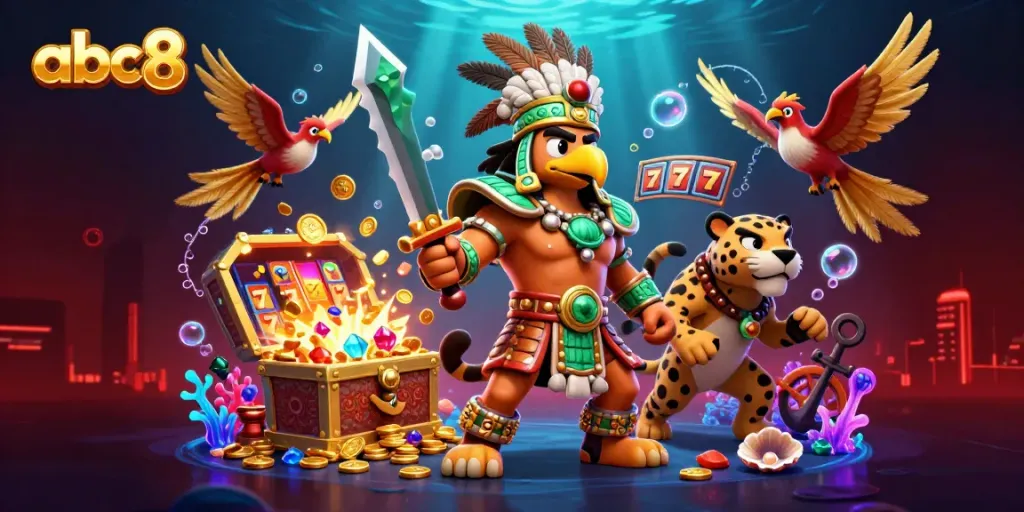 Play exciting games at abc8 with a dynamic scene of Aztec warriors and casino elements.