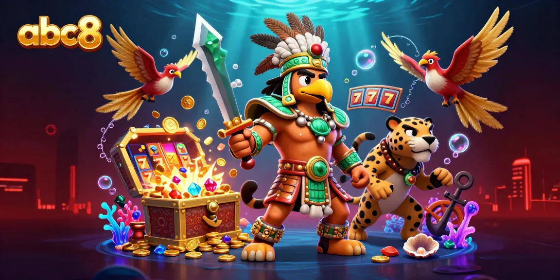Play exciting games at abc8 with a dynamic scene of Aztec warriors and casino elements.