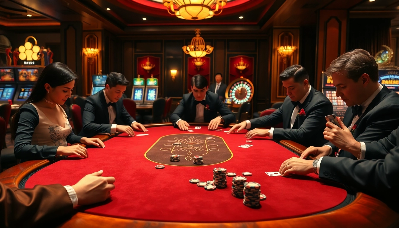 Exciting game bài action at a luxurious casino table with focused players.