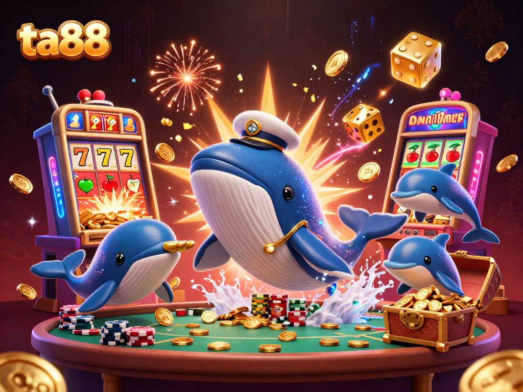 Experience ta88 excitement with a 3D casino scene featuring a whimsical whale, gold coins, and vibrant gaming elements.