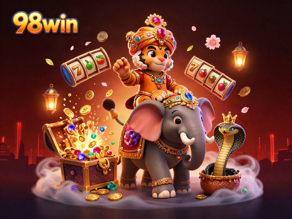 Engage in thrilling gaming opportunities with 98win casino's dynamic 3D illustration of a maharaja tiger, an elephant, and treasures.