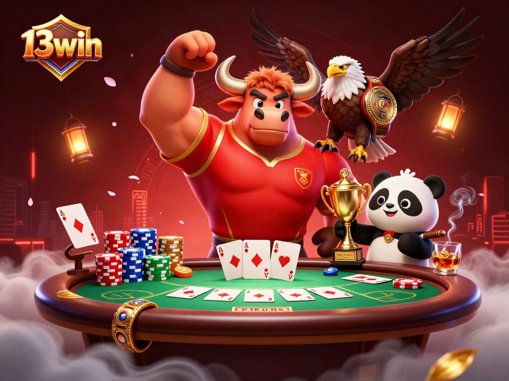 13win showcases a powerful casino theme with a bull, eagle, and panda celebrating victory at a poker table.