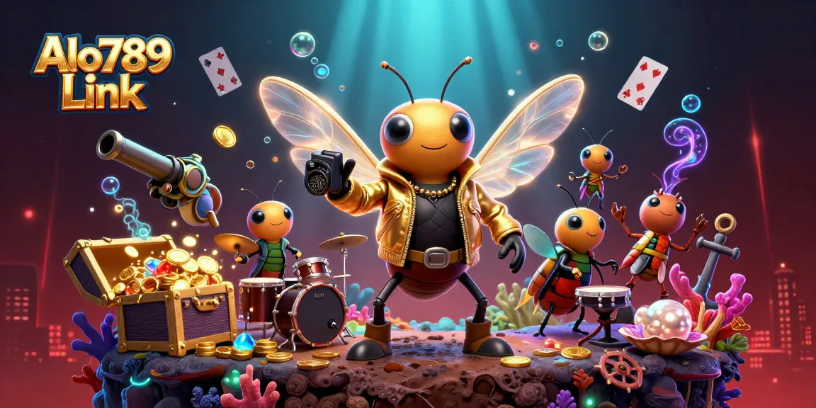 Alo789 Link showcases exciting casino elements with a vibrant 3D illustration featuring colorful characters and dynamic game imagery.