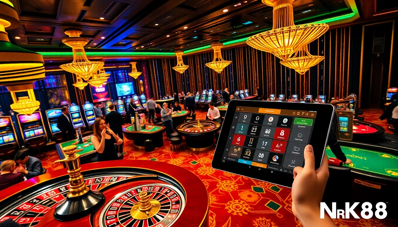NK88 players celebrating at a luxurious casino gaming floor with roulette and poker tables.